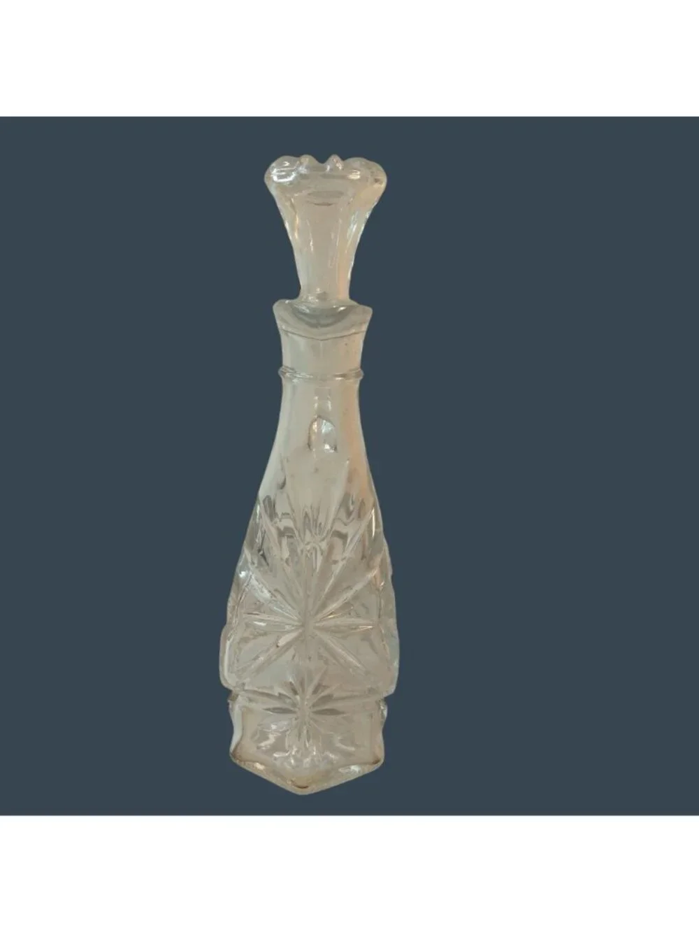 Vintage Clear Glass Cruet Bottle With Stopper Handle Decorative Starburst Floral